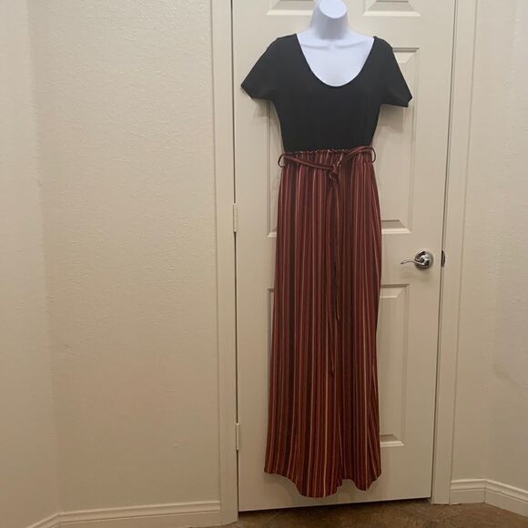 LA Gypsy Large Black Scoop Neck Top Stripped Elongating Leg Keyhole Closure - Picture 1 of 15